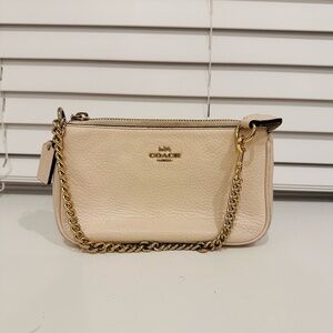 Coach Beige Leather Wristlet with Gold Chain